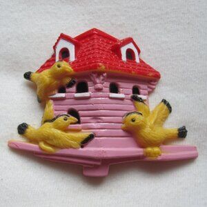 Vintage Fridge Magnet: 3" Plastic Yellow Birds w/ Pink Birdhouse